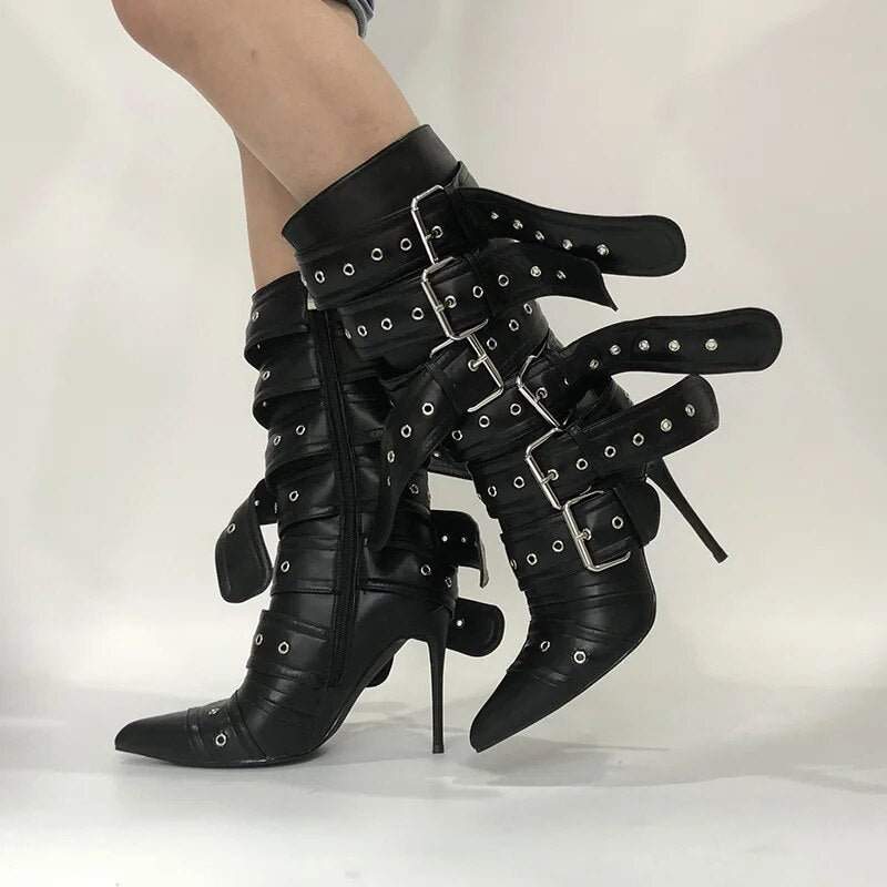 Buckle Straps Pointed Toe Boots